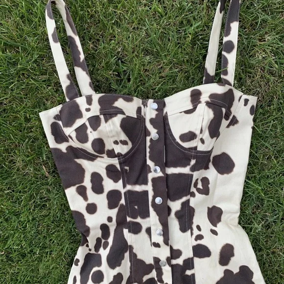 Capulet Brown and Cream bodycon denim button front cow print Midi Dress - Picture 2 of 4